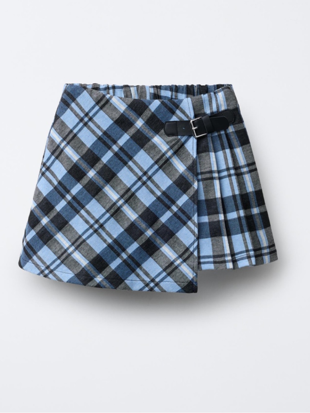 Zara Girls Preppy Blue Plaid Wrap Skirt (Skort) with leather buckle 6-7T
